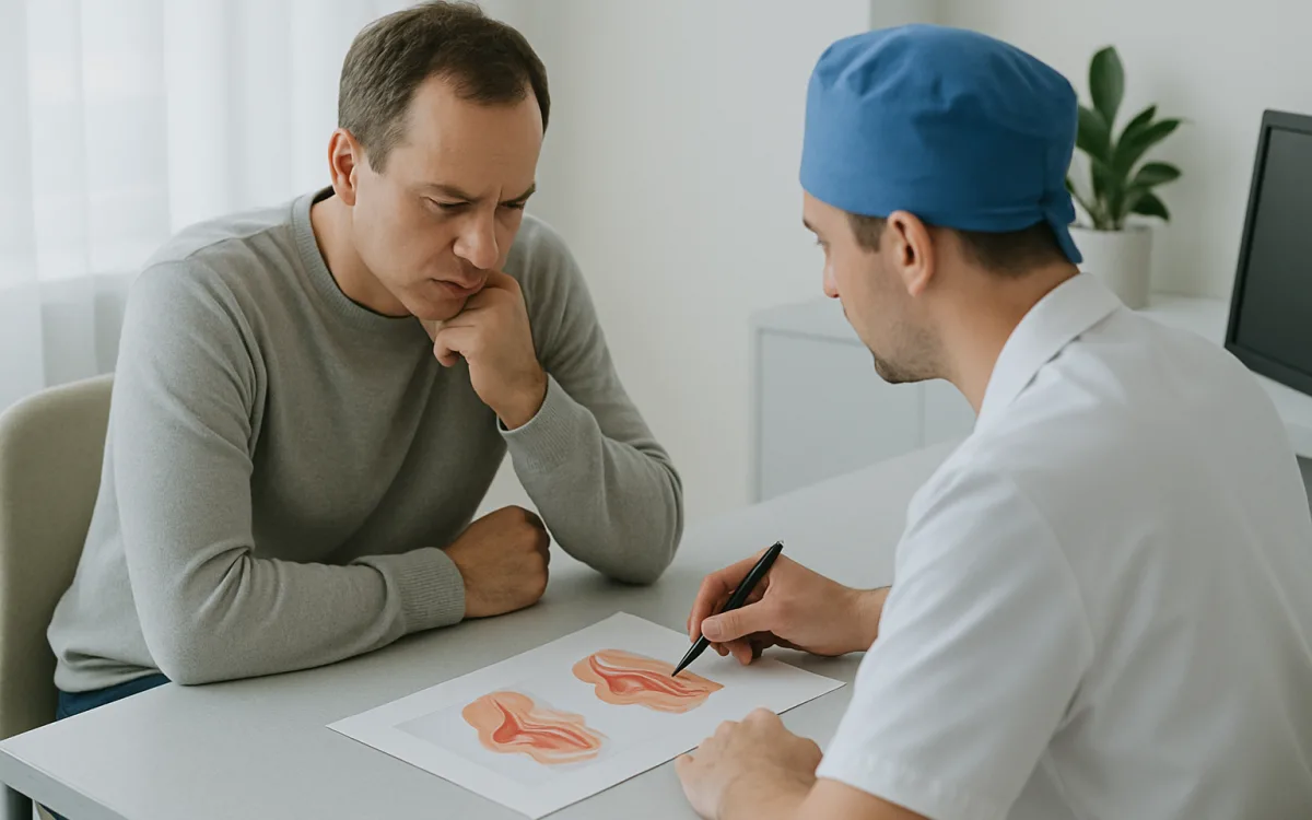 A patient sits with a surgeon in a medical office, reviewing nose anatomy diagrams and discussing candidacy for rhinoplasty.