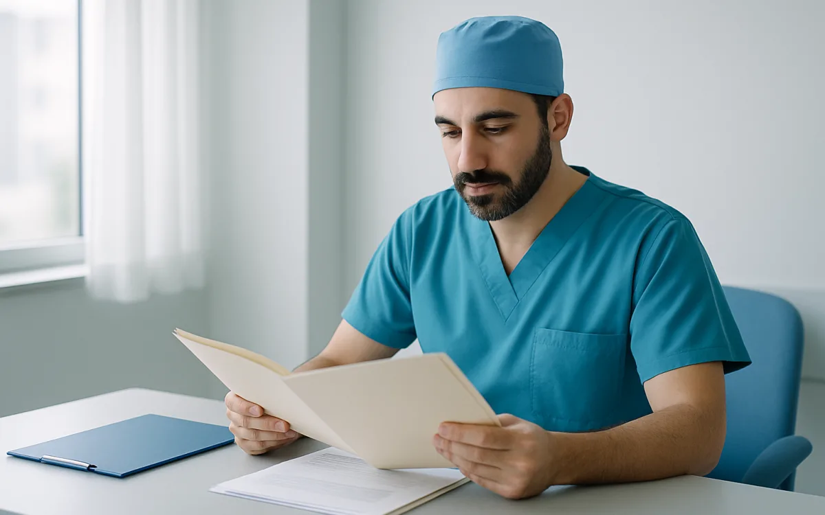 A surgeon in surgical scrubs reviewing patient files in a modern Turkish hospital setting.