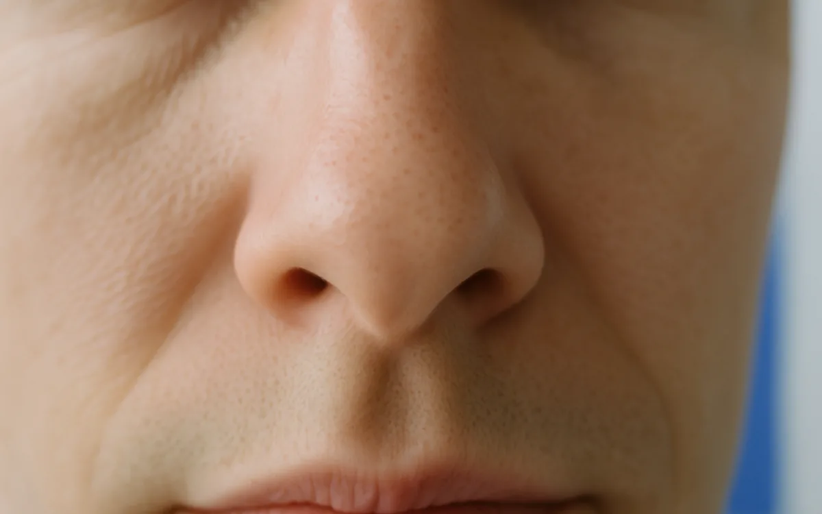 A close-up photograph of a person's nose, one year after open rhinoplasty, showing a barely visible faint line across the columella.
