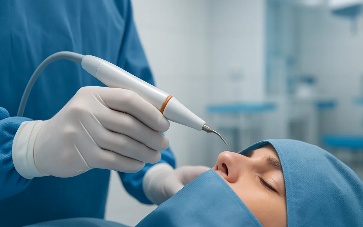 A surgeon using a piezo ultrasonic device during rhinoplasty, showing the instrument near a patient's nose in a modern operating room.