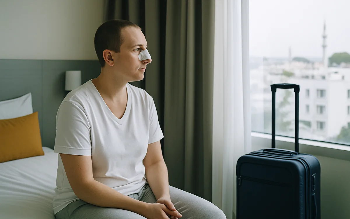 A patient with a nasal splint sits in a Turkish hotel room, looking out the window, with a suitcase nearby.