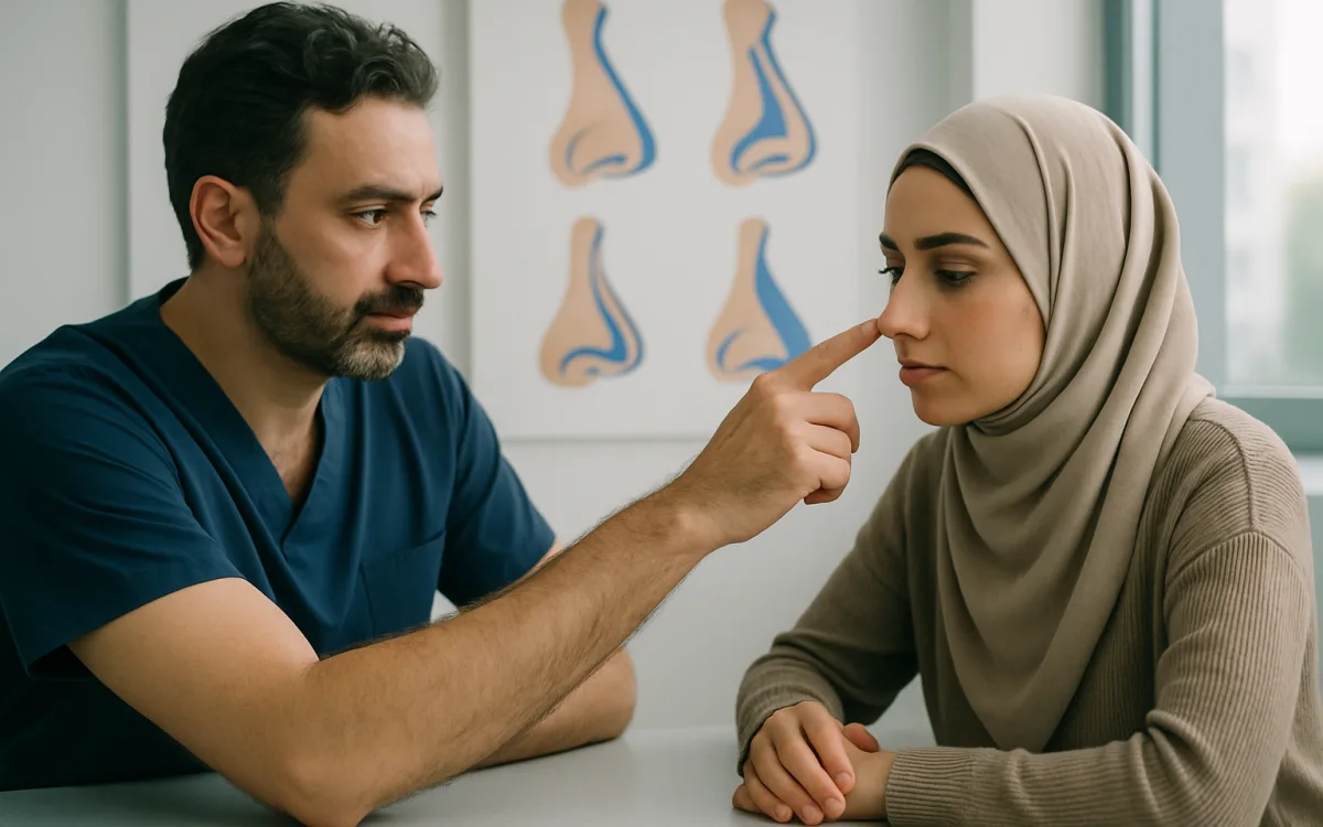 A Turkish rhinoplasty specialist consulting with a patient of Middle Eastern descent in a modern clinic, focusing on nose anatomy diagrams.