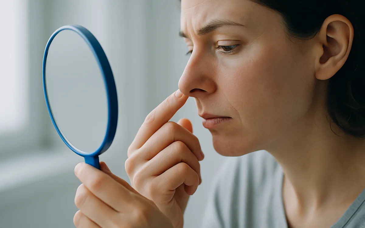 A close-up photograph of a person examining their nose in a mirror after rhinoplasty surgery, focusing on the thoughtful expression and subtle surgical tape.