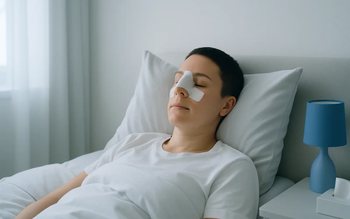 A patient resting comfortably in bed after rhinoplasty, with head elevated and nasal dressings in place.