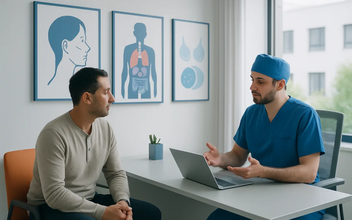 A patient in a clinic consultation room in Turkey, discussing rhinoplasty options with a surgeon, with medical diagrams visible in the background.