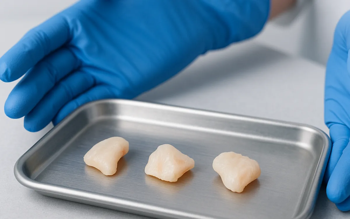 A surgeon holding models of septum, ear, and rib cartilage samples on a surgical table, illustrating cartilage graft choices in rhinoplasty.