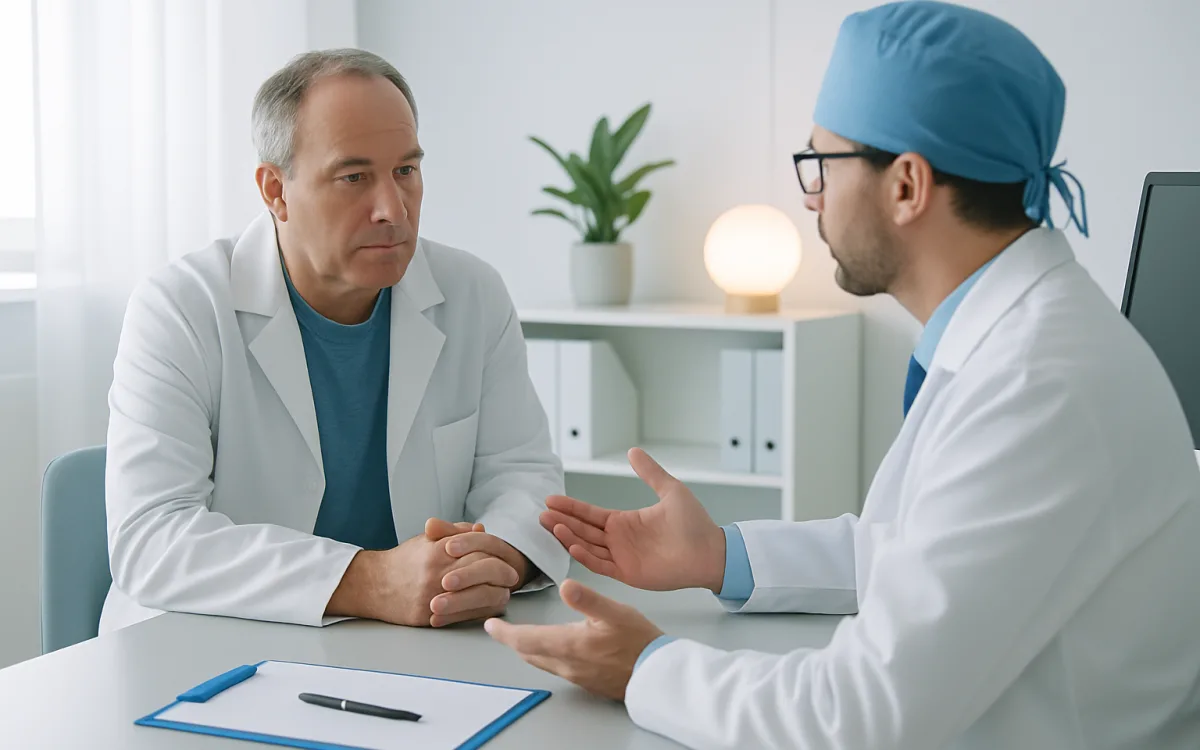 A patient consults with a rhinoplasty surgeon in a modern Turkish clinic, with medical staff in the background.