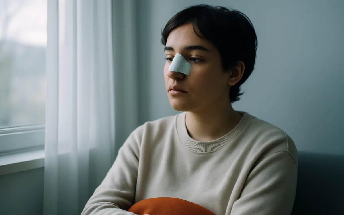 A patient with a nasal cast sits by a window, looking outside, reflecting the early stage of rhinoplasty recovery.