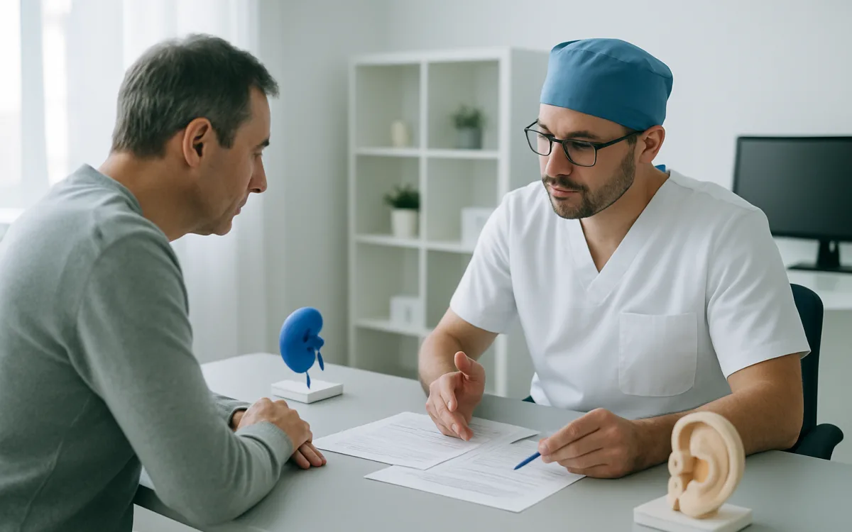 A photo of a patient consulting with a surgeon before rhinoplasty, focusing on discussion and information exchange in a medical office.
