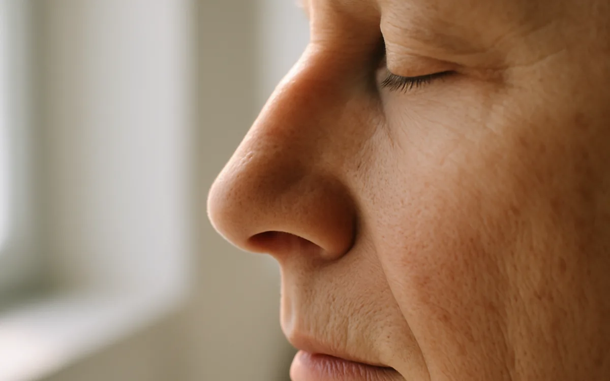 A close-up photo of a person with a healing nose after rhinoplasty, showing mild swelling but no visible bruising.