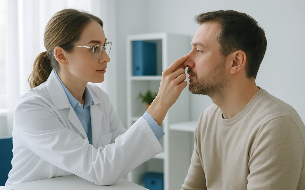 A surgeon examining a patient's nose in a medical consultation room, focusing on both the structure and the profile of the nose.
